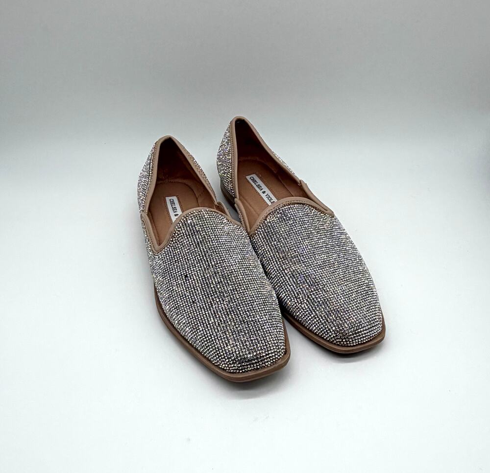 Chelsea & Violet Womens 8.5 Silver Rhinestone Crystal Loafers Flats Sparkle